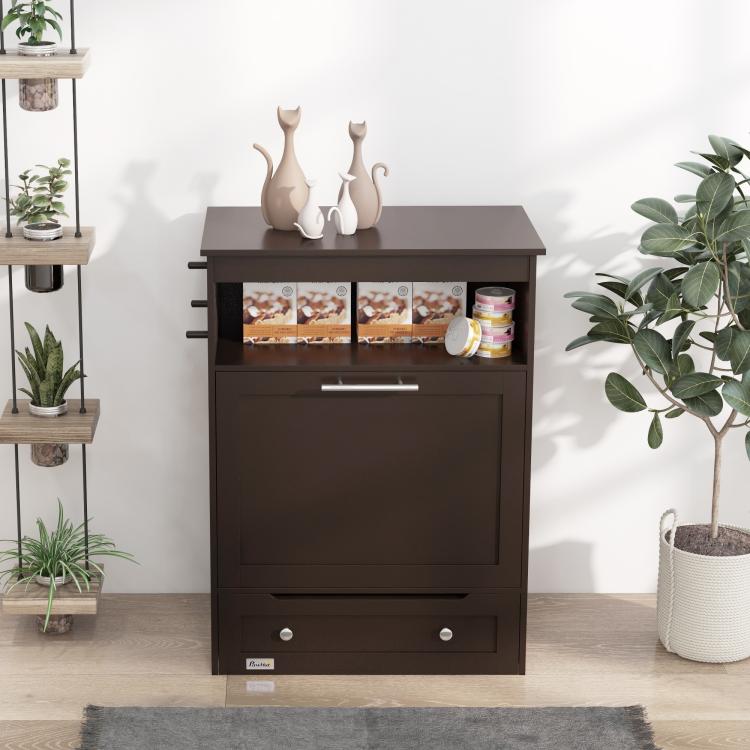Gray pet feeder storage cabinet with open shelf above and door closed with drawer