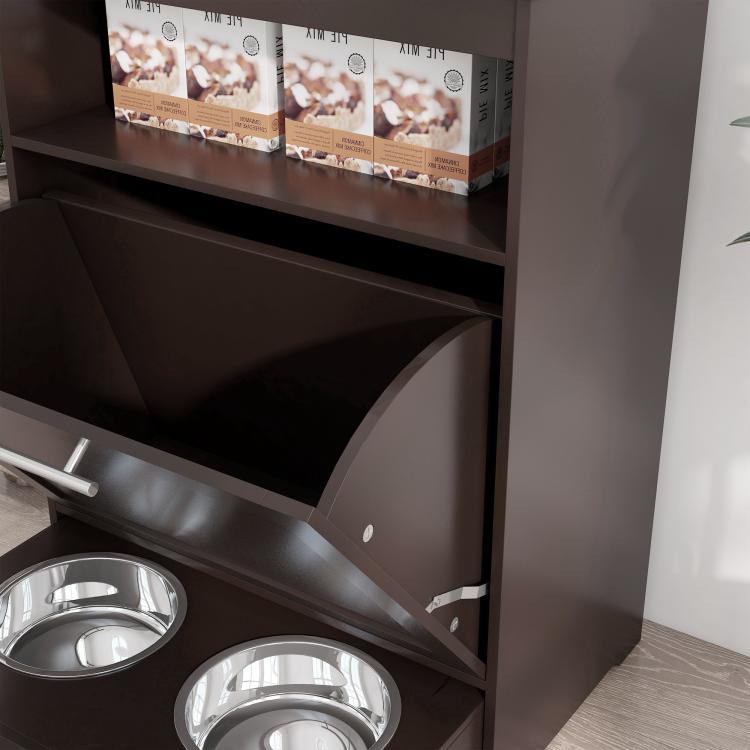 Close-up of gray pet feeder cabinet interior with open tray and raised stainless bowls