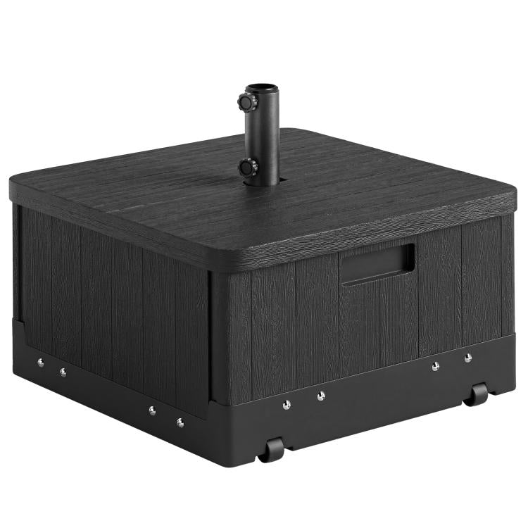 Black outdoor umbrella base coffee table with wood-look top and central pole sleeve