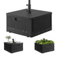 Black patio umbrella base side table with wood-look finish, open drawer front, and wheels