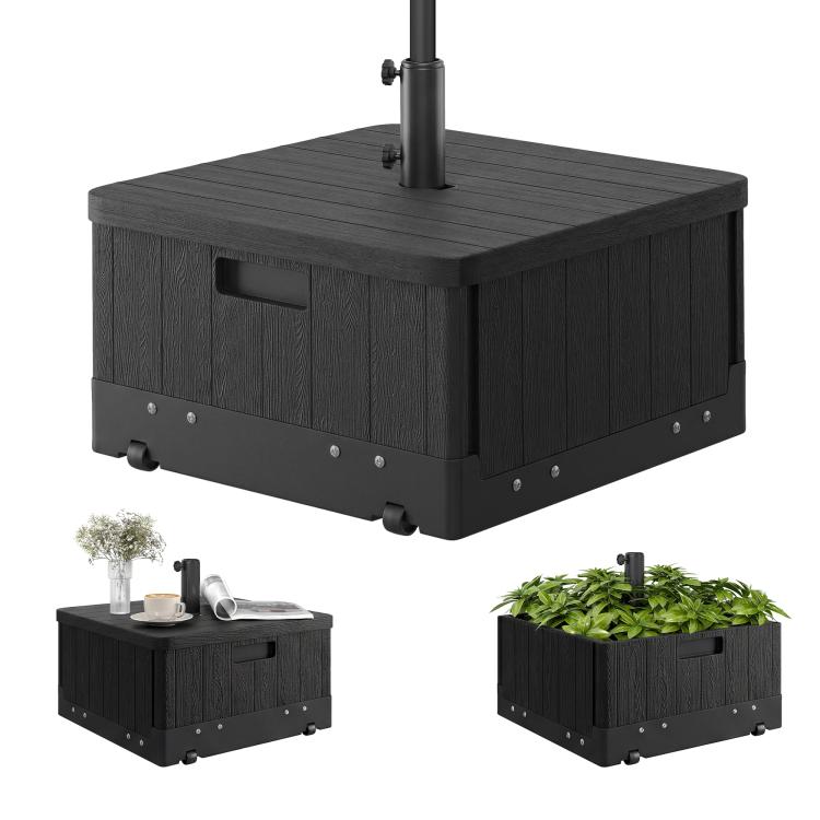 Black patio umbrella base side table with wood-look finish, open drawer front, and wheels