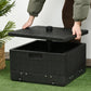 Black outdoor umbrella base table with open storage compartment and center pole holder