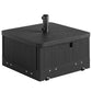 Black patio umbrella base table with center pole mount, storage drawer, and wheels