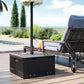 Black umbrella base table with wood-look top and storage drawer on patio deck