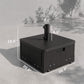 Black umbrella base side table with wood-look panels, pole sleeve, and corner wheels