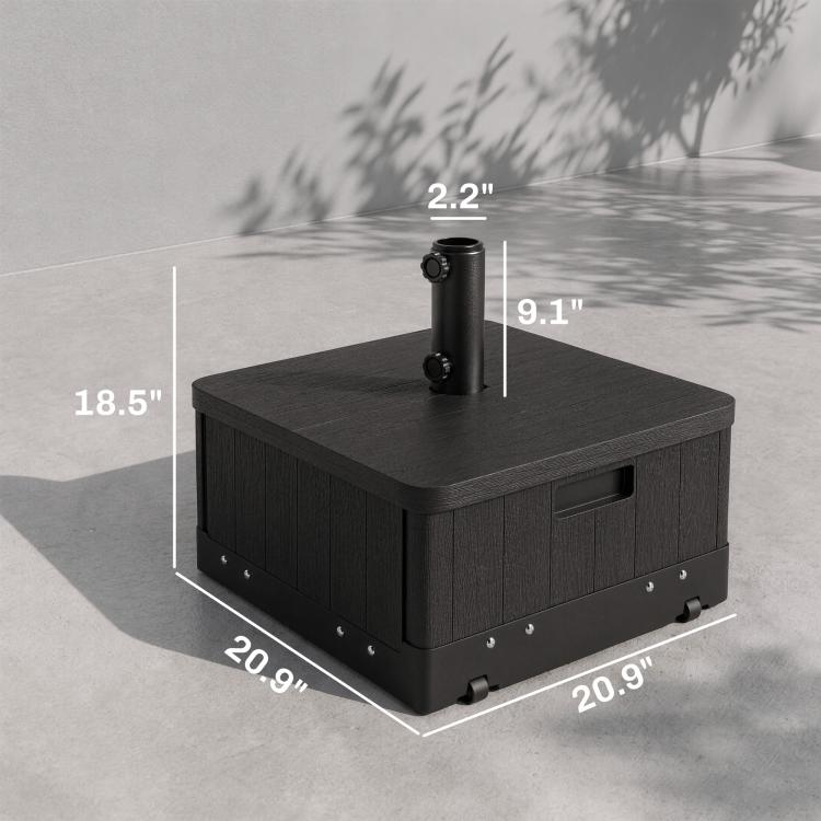 Black umbrella base side table with wood-look panels, pole sleeve, and corner wheels