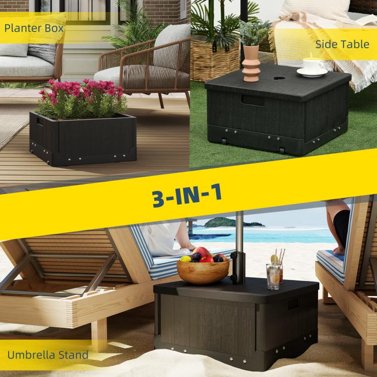 Black 3-in-1 outdoor umbrella stand with planter box and side table design, on patio