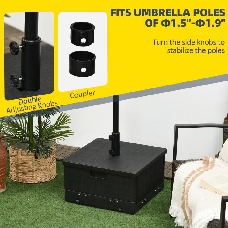 Black umbrella base table with adjustable side knobs and pole coupler for umbrella fit