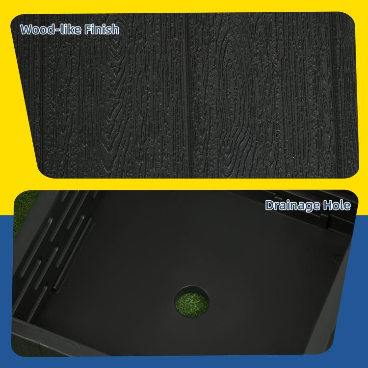 Black wood-look finish planter box insert with drainage hole for outdoor umbrella base