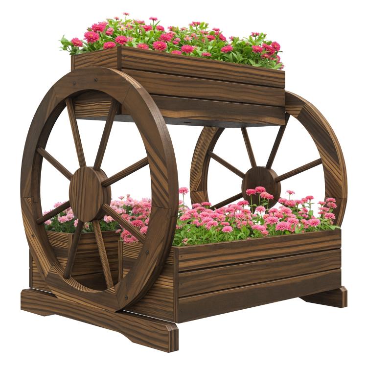3-tier wooden wagon planter box with wheel details, holding flowers and plants