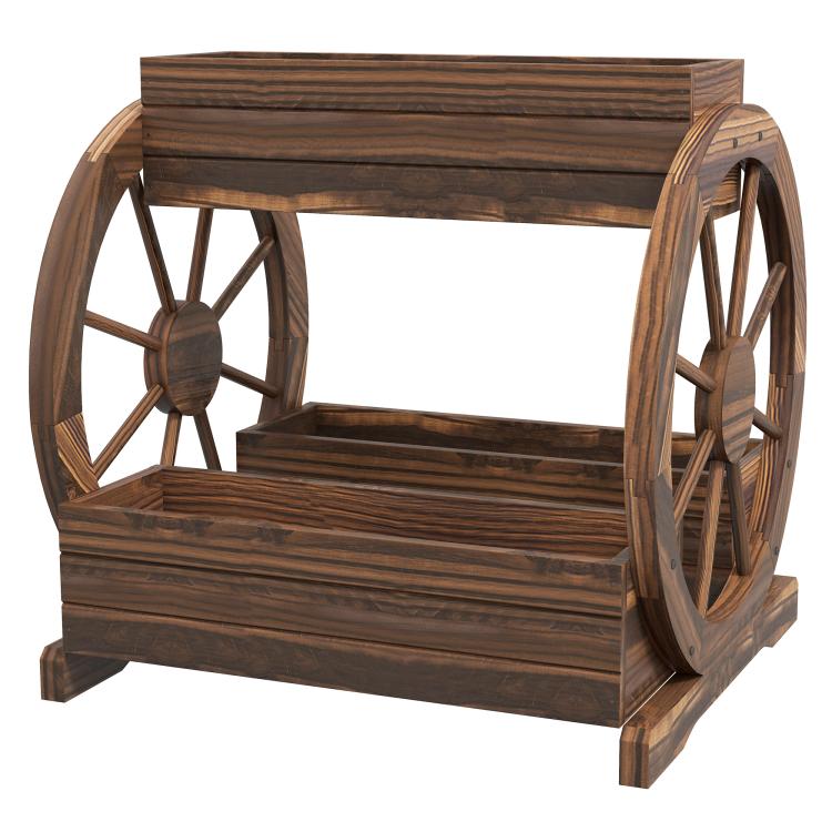 Wooden wagon style 3-tier planter box with front wheel design and open troughs