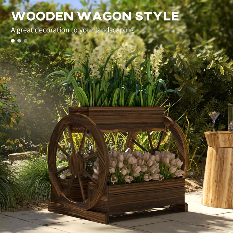 Wooden wagon style 3-tier planter box with flowers in the top and middle sections