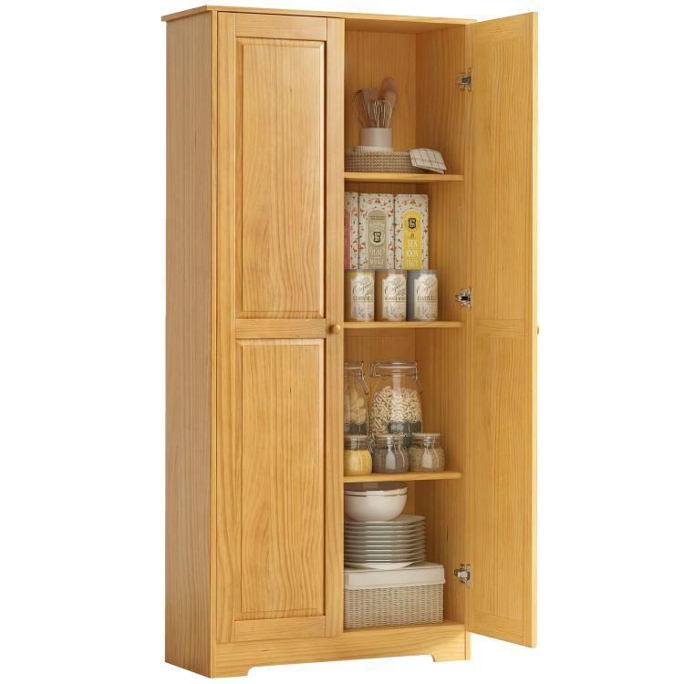 Pinewood pantry cabinet with double doors open, showing 4 tier shelves and storage racks