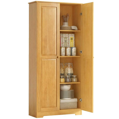 Pinewood pantry cabinet with double doors open, showing 4 tier shelves and storage racks