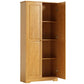 Pinewood pantry cabinet with doors open, featuring interior shelves and metal knobs on frame