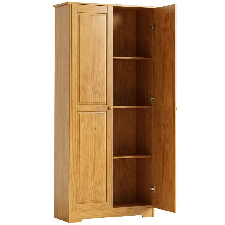 Pinewood pantry cabinet with doors open, featuring interior shelves and metal knobs on frame