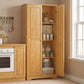 Freestanding pinewood pantry cabinet with doors open, 4 shelves visible and pantry organizers inside