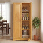 Freestanding pinewood pantry cabinet with double doors open and multiple tiers of shelving