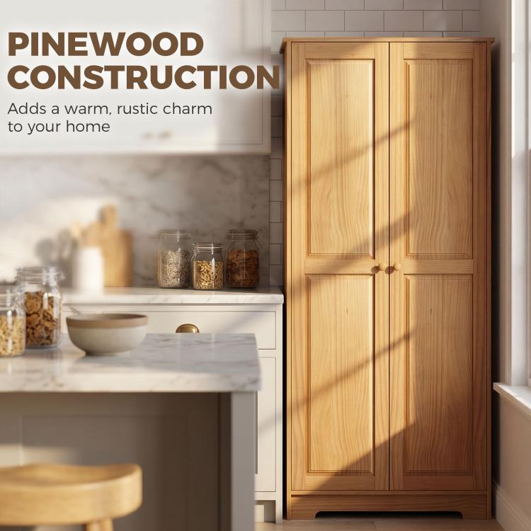 Pinewood kitchen pantry cabinet with double doors and small round knobs, freestanding