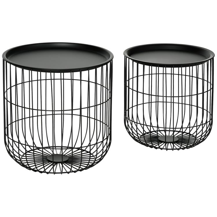 Set of two nesting coffee tables with round black wire basket frames and dark tabletop tops