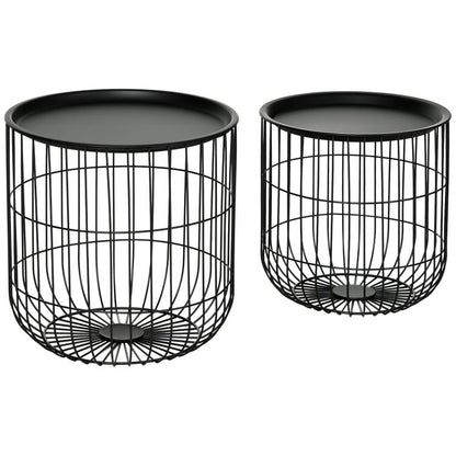 Set of two nesting coffee tables with round black wire basket frames and dark tabletop tops