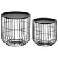 Two nested black coffee tables with round wire baskets and flat dark round tabletops