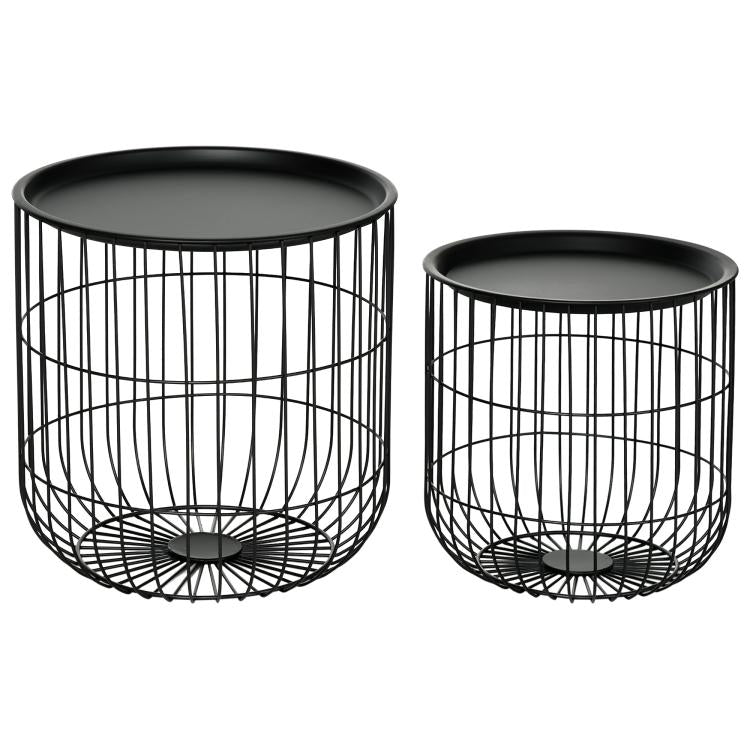 Two nested black coffee tables with round wire baskets and flat dark round tabletops
