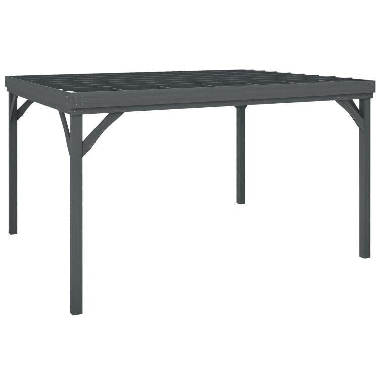 Gray outdoor wooden pergola with square posts and flat slatted top.
