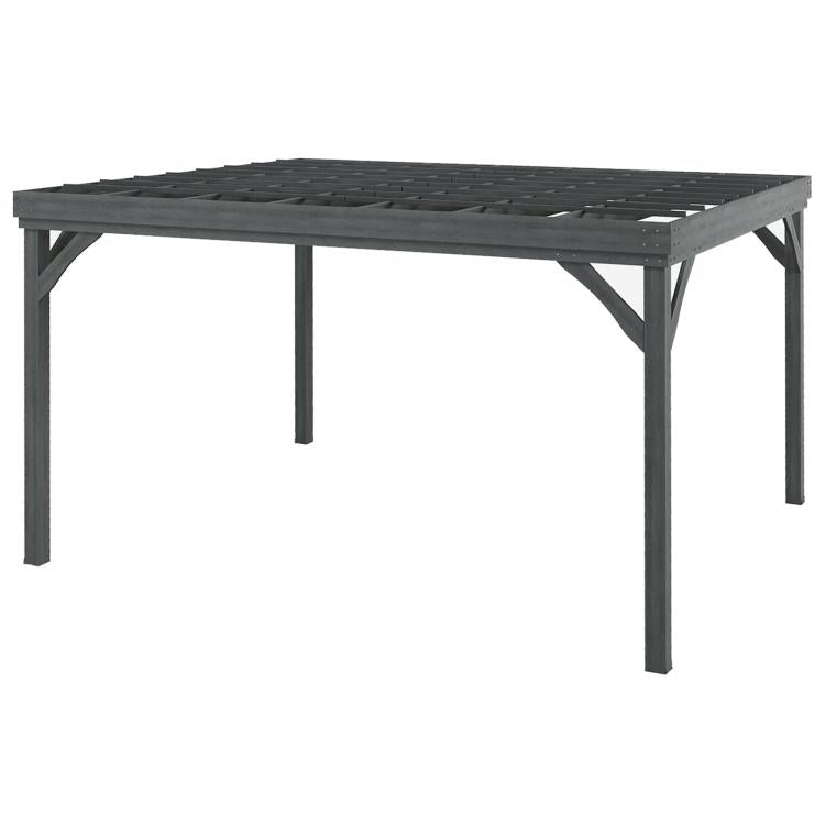 Gray wooden pergola with cross braces, square legs, and slatted roof panel.
