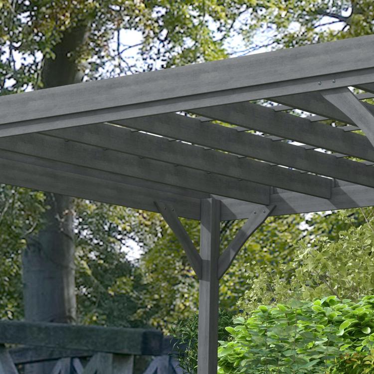 Gray outdoor wooden pergola with cross beams and support posts