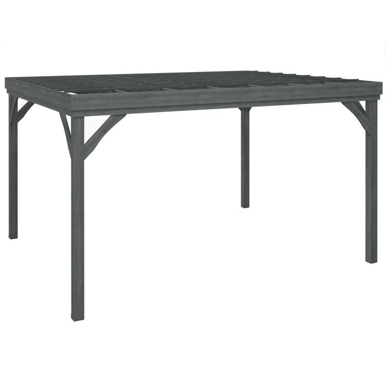 Gray outdoor wooden pergola frame with four posts and slatted top
