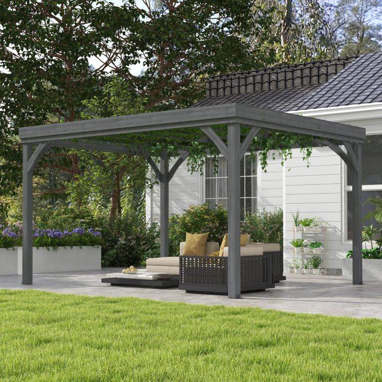 Gray outdoor pergola over patio seating with sturdy posts and curved beam supports.