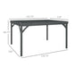 Gray wooden pergola with labeled dimensions, flat slatted top and four square posts.