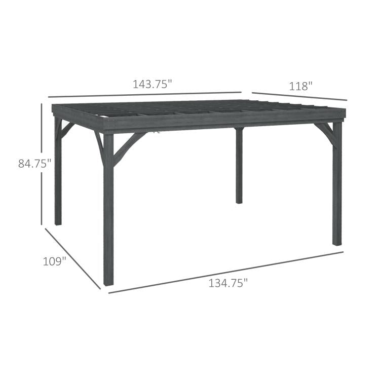 Gray wooden pergola with labeled dimensions, flat slatted top and four square posts.