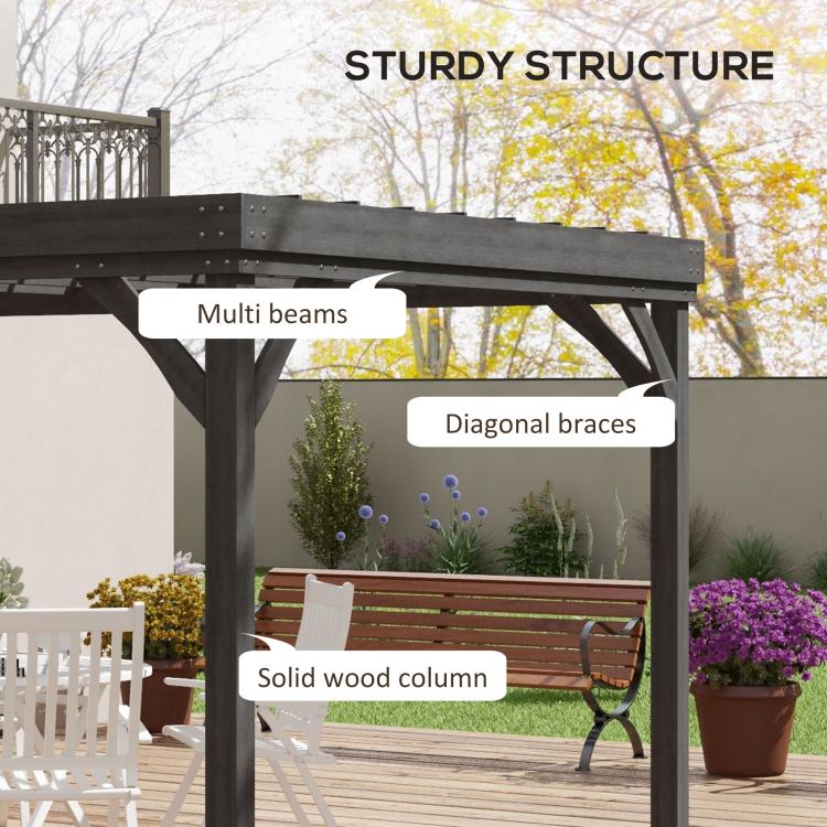Gray pergola showing multi-beams, diagonal braces, and solid wood column supports.
