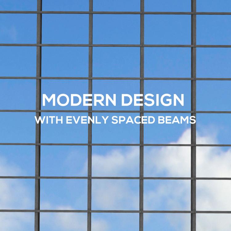 Gray pergola beam grid design with evenly spaced horizontal and vertical members.