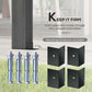 Gray pergola base mounting hardware with L-shaped metal plates and anchor screws.