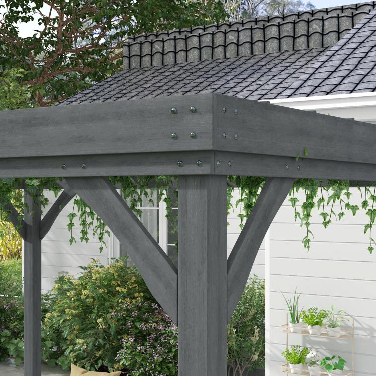 Close-up of gray pergola corner with angled support beams and metal fastener brackets.