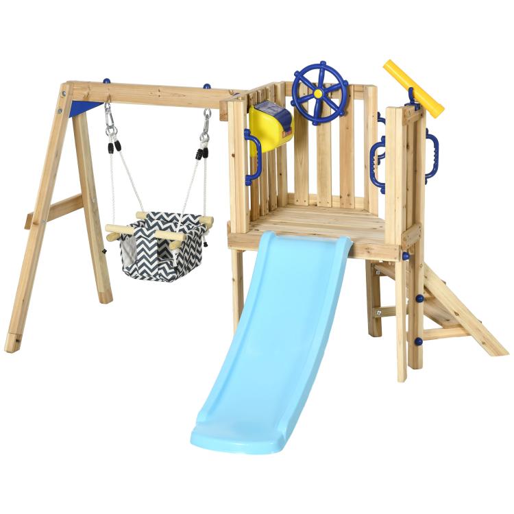 Wooden backyard swing set with blue slide and hanging toddler swing seat