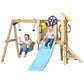 Wooden playset with blue slide, baby swing seat, and two hanging swings