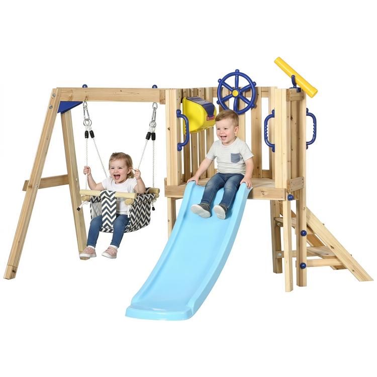 Wooden playset with blue slide, baby swing seat, and two hanging swings