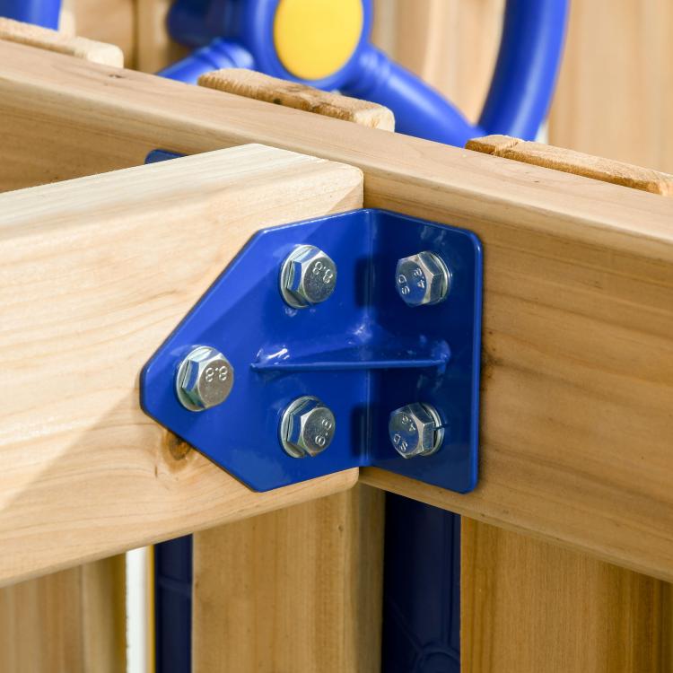 Wooden swing set beam with blue metal corner connector hardware