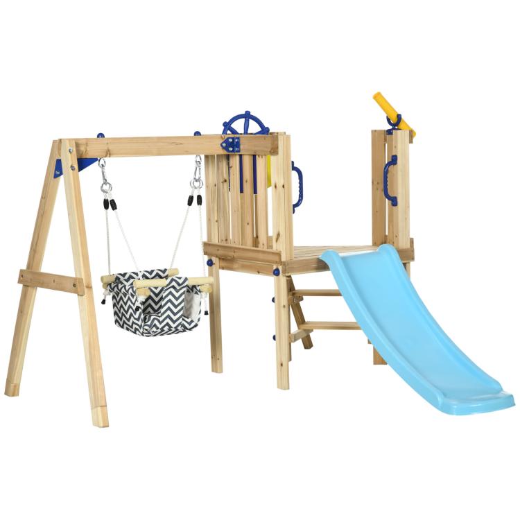 Wooden toddler outdoor playset with swing and blue slide, fort platform