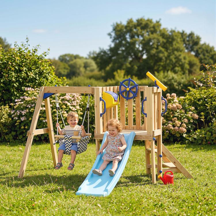 Kids playing on wooden swing set with blue slide and hanging rope swing