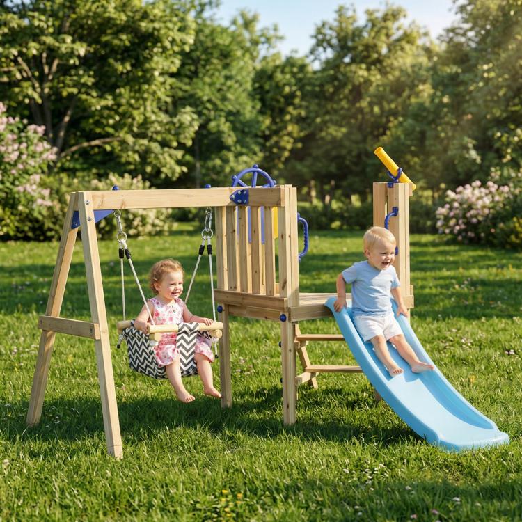 Wooden swing set featuring rope swing seats and a blue slide