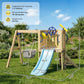 Wooden swing set layout with blue slide, swing ropes, and playhouse frame