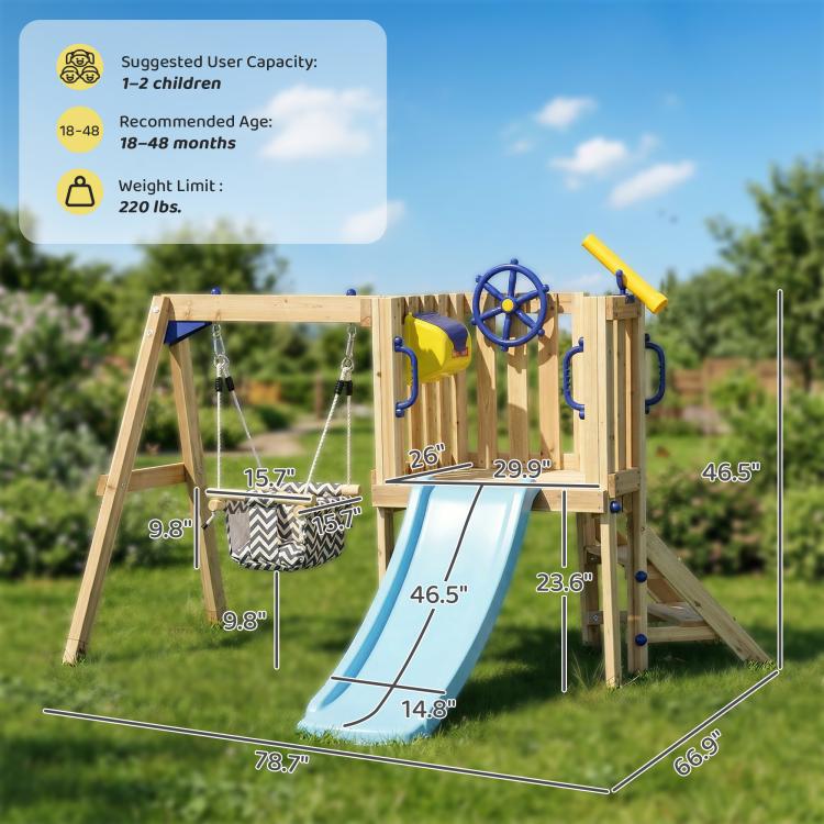 Wooden swing set layout with blue slide, swing ropes, and playhouse frame