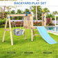 Backyard wooden swing set with blue slide, swing seat, and fort-style platform