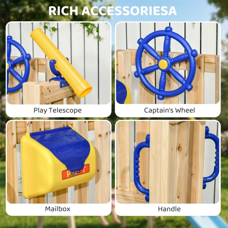 Swing set accessory close-ups: yellow telescope, captain’s wheel, mailbox, handle