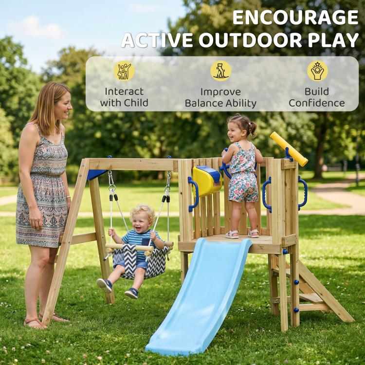 Wooden swing set encouraging outdoor play with blue slide and swing seats